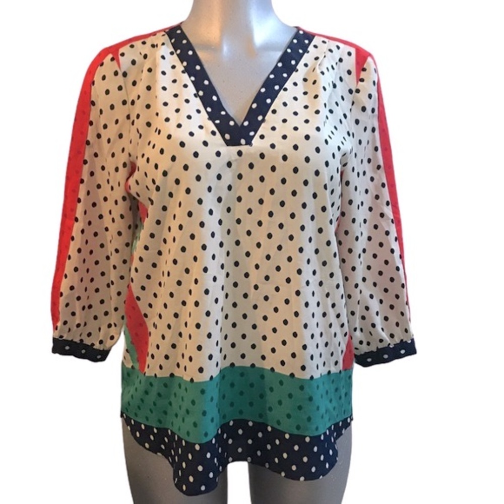 eci Polka Dot Blouse Top Large Colorblock V Neck 3/4 Sleeve Office Lightweight